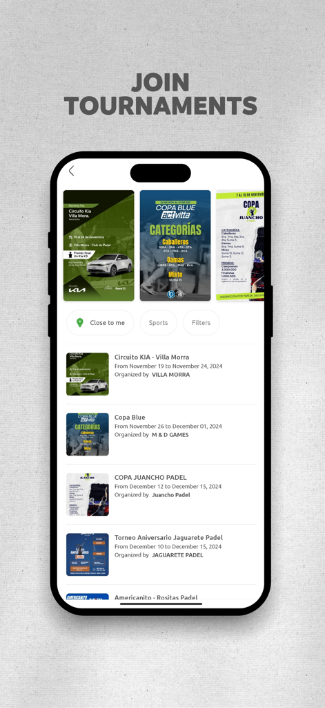 Mobile app screen showing a list of upcoming sports tournaments available to join in the Reva app.