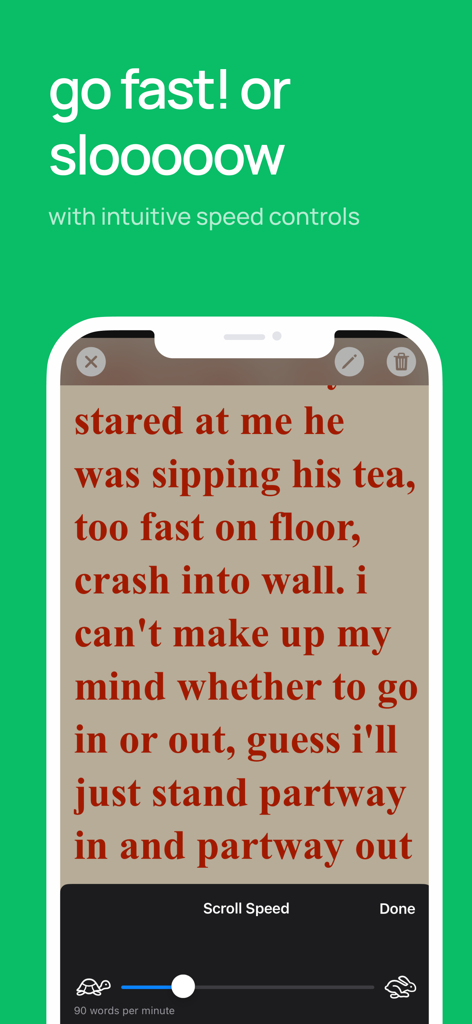 Prompt Pro: Easy Teleprompter - Interface do aplicativo teleprompter com controles de velocidade de rolagem ajustáveis e exibição de roteiro.
