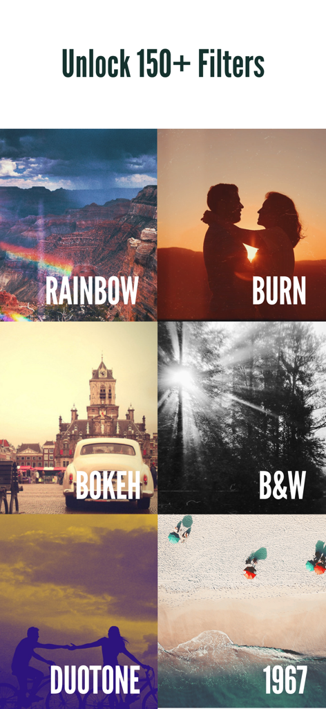 1967: Retro Filters & Effects - Una cuadrícula que muestra varios filtros de fotos vintage, incluyendo efectos Arcoíris, Quemado, Bokeh y Duotono.