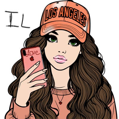 realistic beautiful girl wearing los ángeles cap holding an iphone