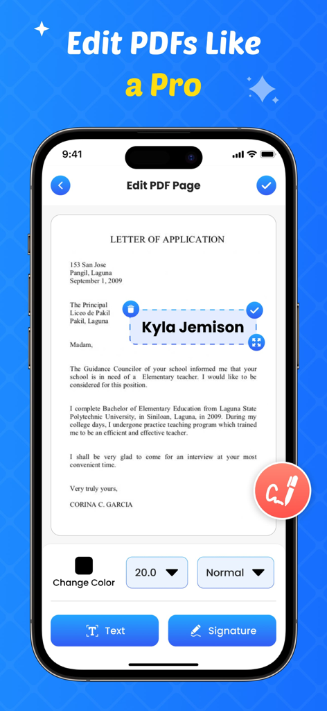 A mobile app interface showing a PDF document being edited with options to add text and digital signatures