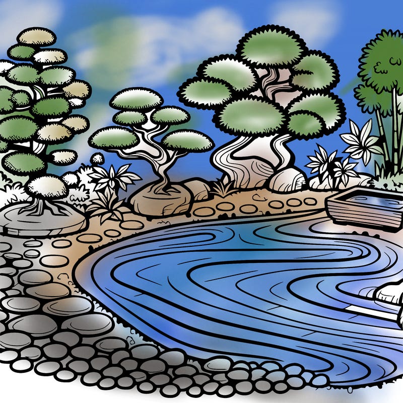 a serene zen garden with raked gravel, bonsai trees, and tranquil ponds