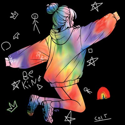 realistic girl jumping with a bun and oversized sweatshirt