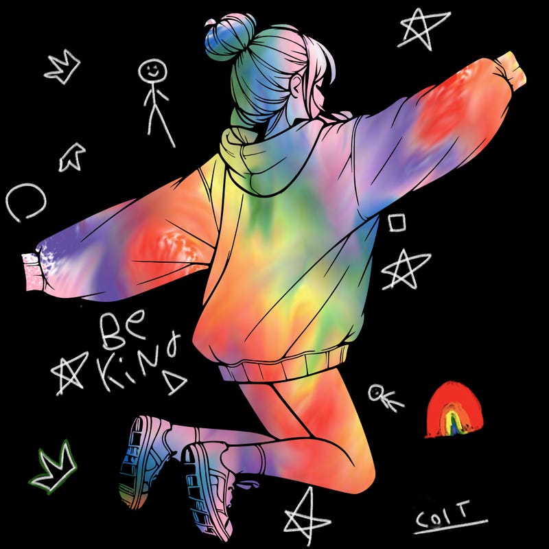realistic girl jumping with a bun and oversized sweatshirt