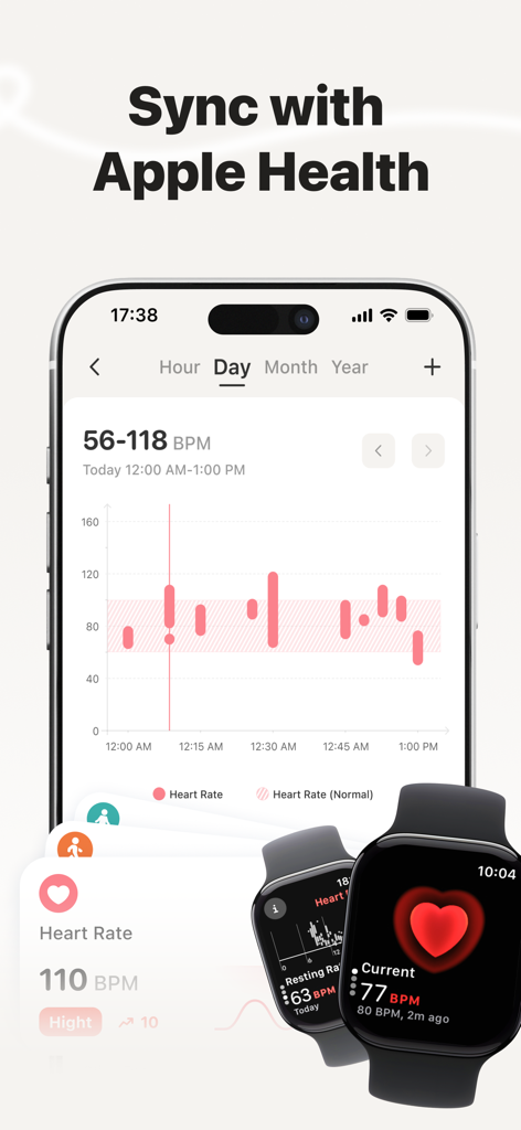 Interfaz de la aplicación Health Scan que muestra datos de frecuencia cardíaca sincronizados con Apple Health y Apple Watch.