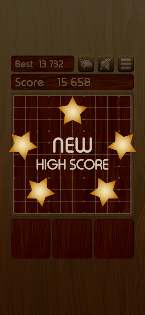 Mensaje de nueva puntuación alta con estrellas doradas en un rompecabezas de cuadrícula de madera rústica