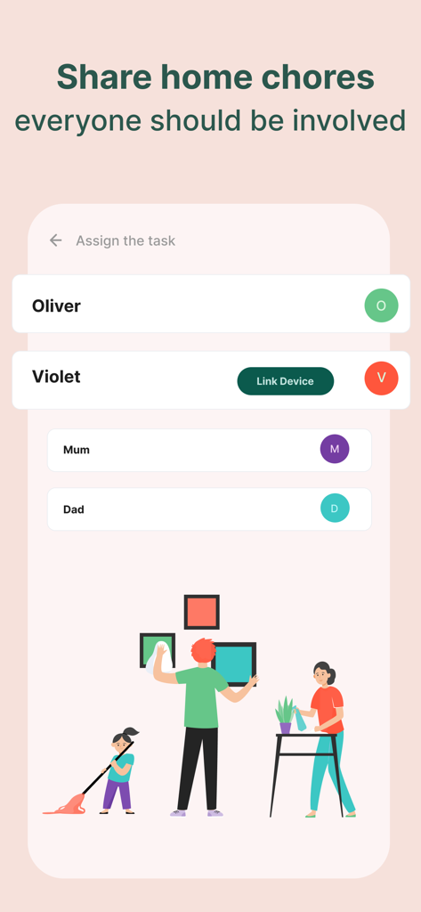 Tidy app screen for assigning household chores to family members like Mum Dad and children with a cleaning illustration