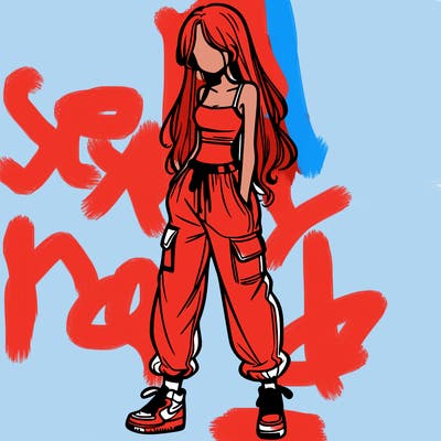 girl in baggy pants crop top and long hair