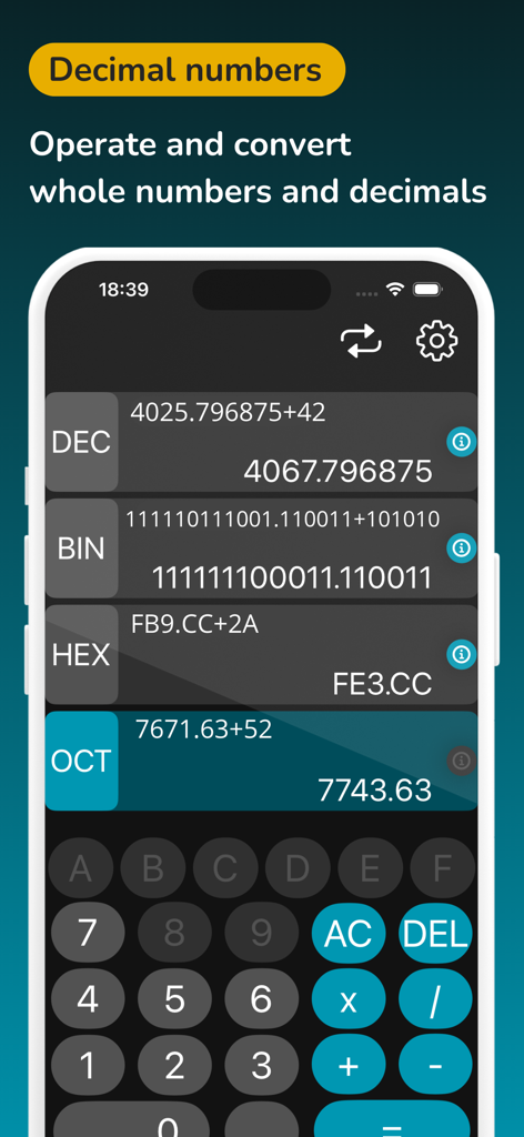 Converter Binary Calculator - Interfaz de una calculadora binaria que muestra cálculos decimales binarios hexadecimales y octales con números fraccionarios