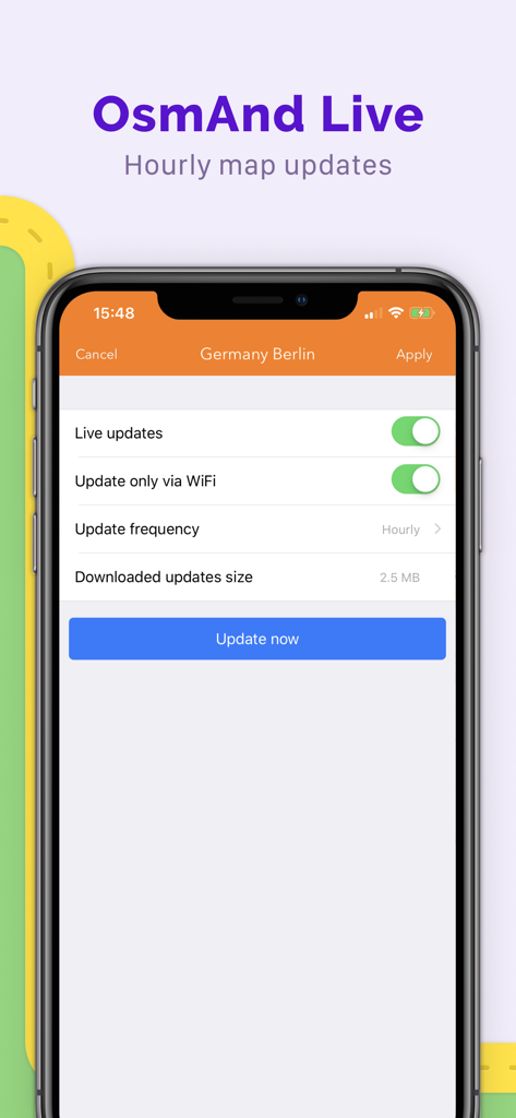 Schermata OsmAnd Live che mostra le impostazioni di aggiornamento orario della mappa