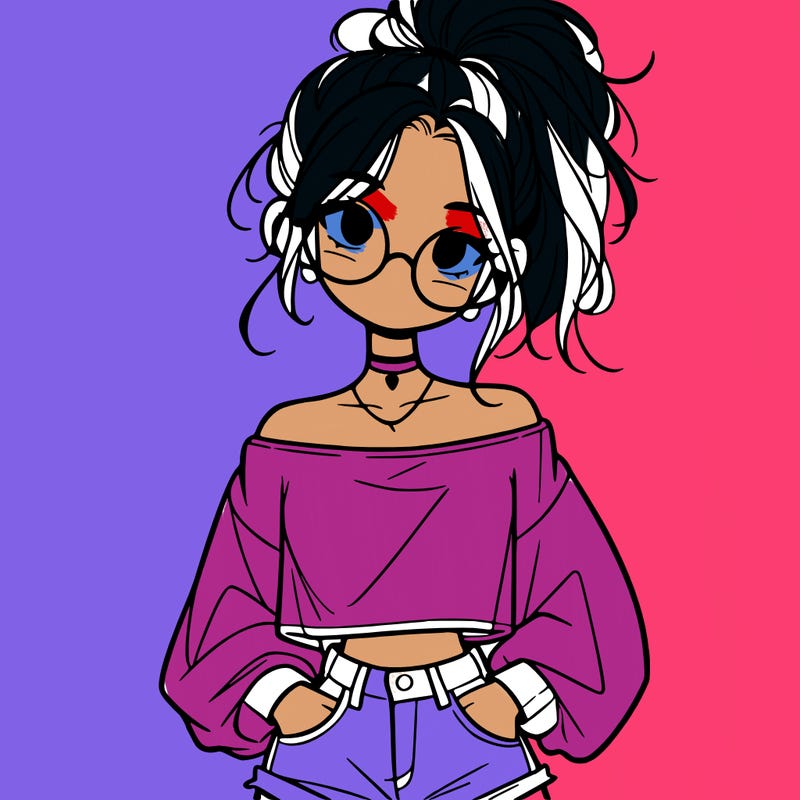 girl with a messy ponytail glasses a baggy crop top and jean shorts