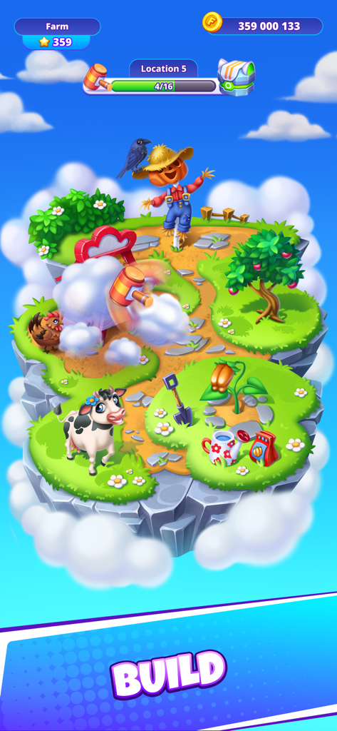 Gameplay screenshot of Time Master showing a cartoon farm island being built