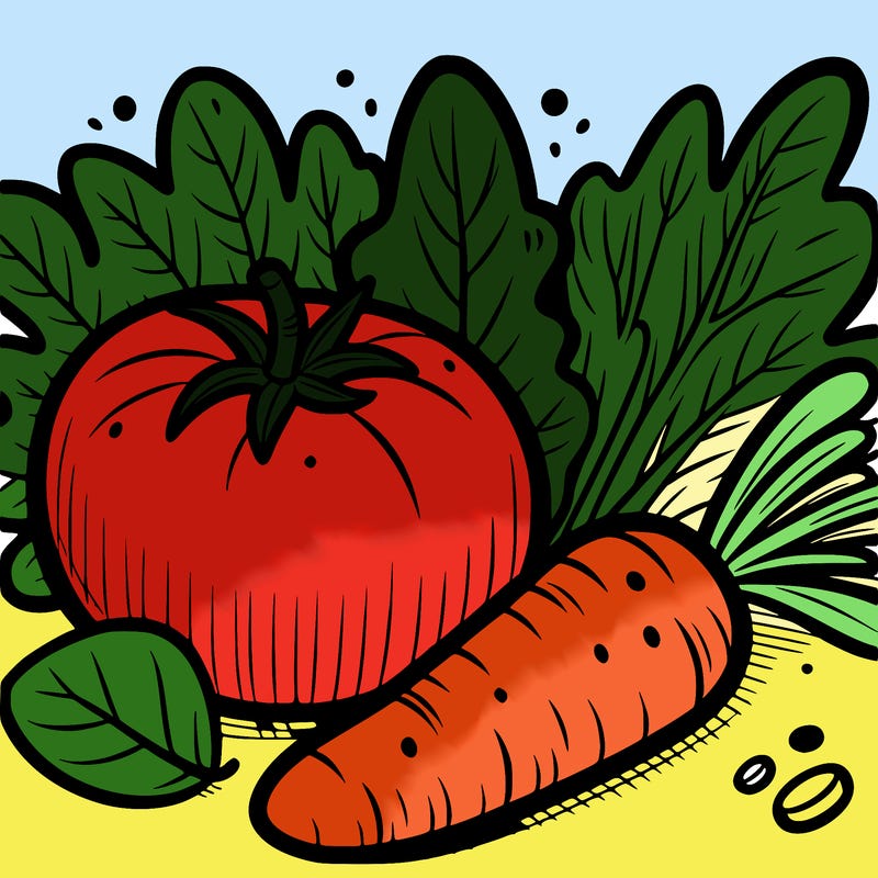 a tomato, a carrot, a salad