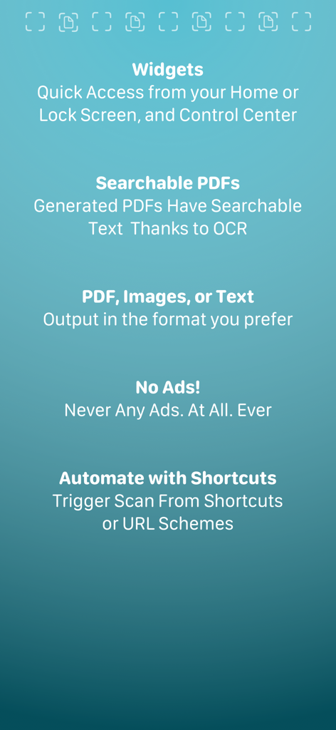 Simple Scan • Quick Scanner - Elenco delle funzionalità chiave per l'app Simple Scan, inclusi widget, PDF ricercabili con OCR, formati di output multipli, nessuna pubblicità e automazione delle scorciatoie.