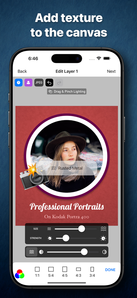 Like A Frame - User interface of the Like A Frame app showing how to add a rusted metal texture to a photo canvas.