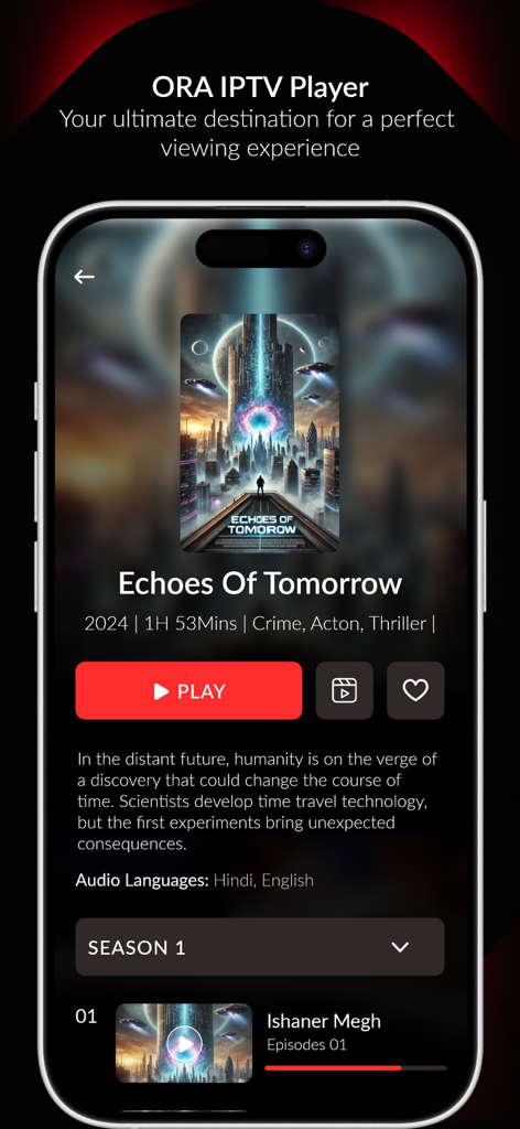 ORA: IPTV Player - ORA IPTV Player app interface showing movie information and play button on an iPhone