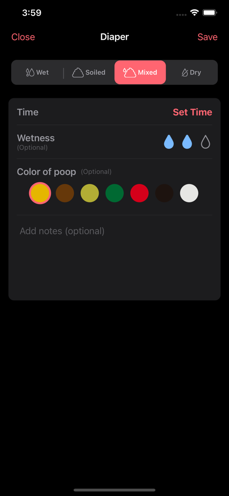 Newborn Tracker Baby App adamo - Adamoベビートラッカーのおむつ交換記録画面。便の色と濡れ具合のレベルを記録します。