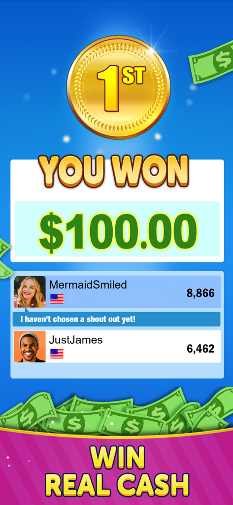 Tile Match 3 - Win Real Cash - Win screen showing a hundred dollar prize and match results in Tile Match 3