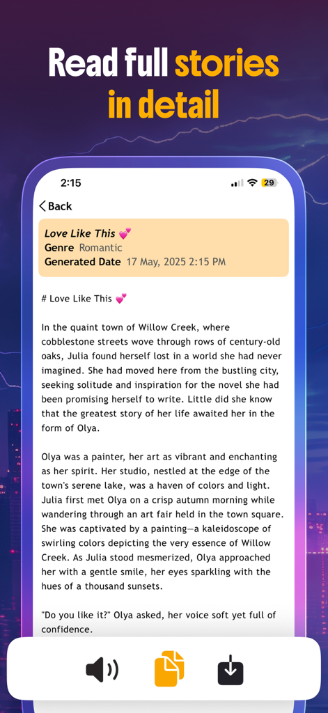 Novel AI - AI Story Generator - A mobile interface of the Novel AI app showing a detailed view of a generated romantic story titled Love Like This.