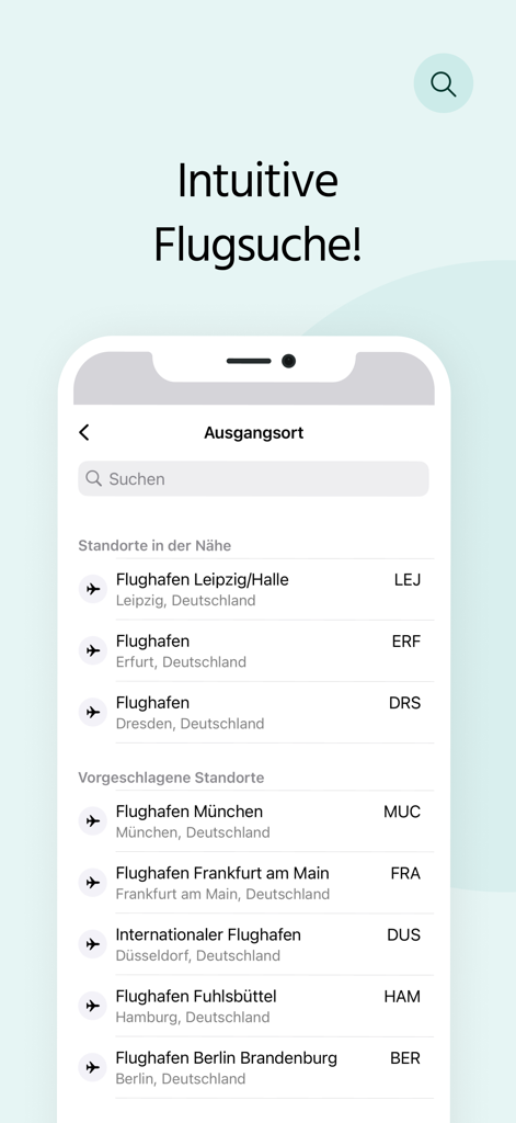 Bildschirm der mobilen App, der die intuitive Abflugsuche und die Flughafenauswahlliste auf Deutsch zeigt