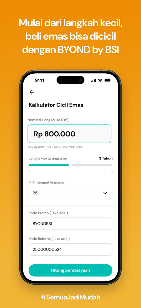 Gold installment calculator interface in the BYOND by BSI digital banking app.