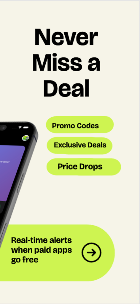 Screenshot of GetFree app showing promo codes exclusive deals and price drop alerts for paid apps