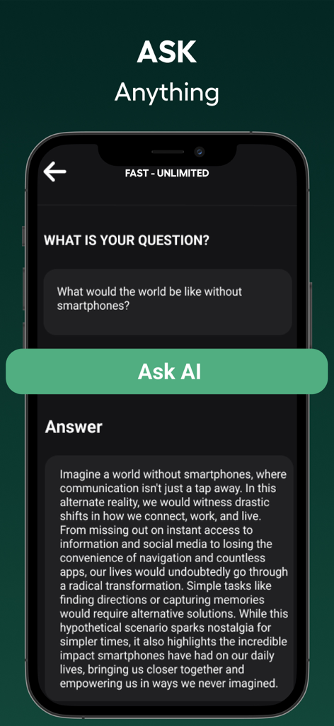 WhatGdt: Ai WA Chat Assistant - Una captura de pantalla de la aplicación WhatGdt AI chat assistant mostrando una sesión de preguntas y respuestas sobre teléfonos inteligentes