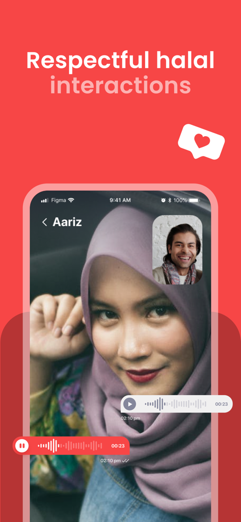 Joon app interface showing respectful halal interactions with voice messages between users.