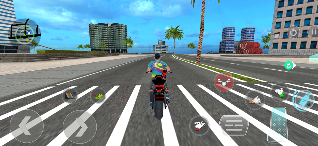 Vista en tercera persona de un jugador montando una motocicleta roja por una calle soleada de la ciudad con rascacielos y palmeras.
