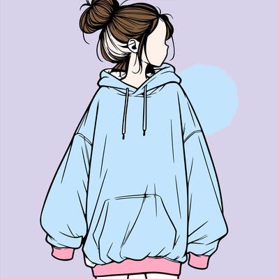 realistic girl with a oversized sweatshirt on and a bun