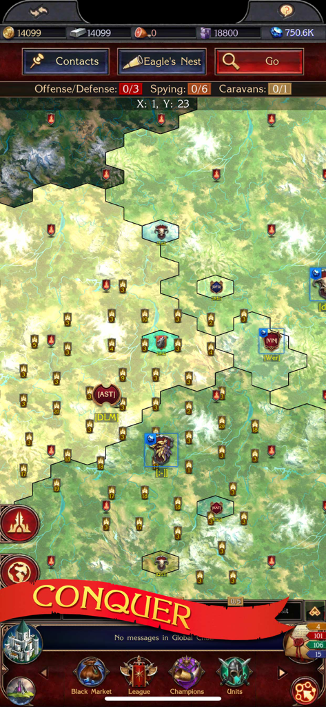 Strategische Weltkarte in Stormfall Rise of Balur, die Hex-Territorien zur Eroberung zeigt