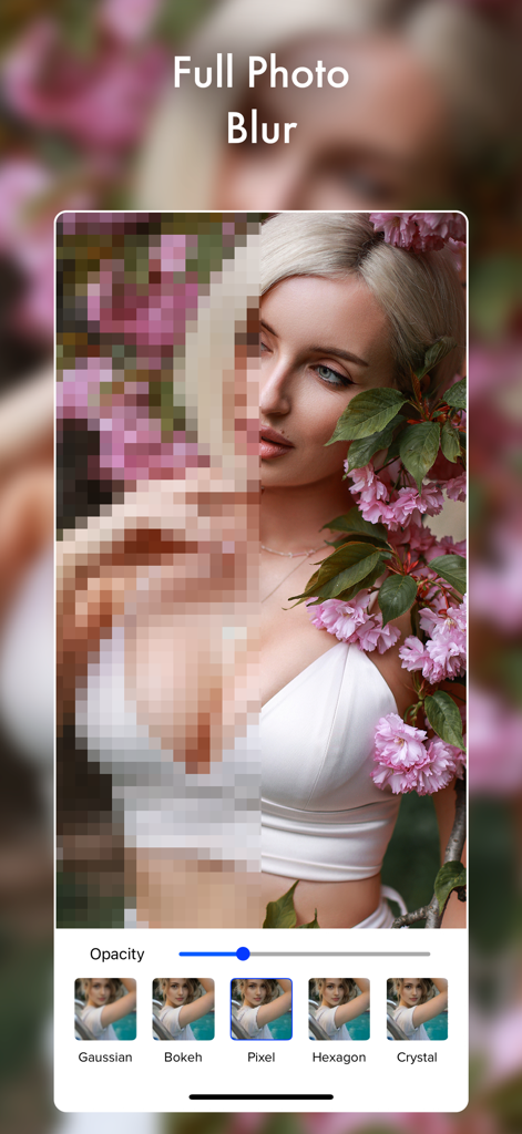 Blur Photo Background Effects - Uma interface de aplicativo mobile mostrando um efeito de desfoque pixelizado sendo aplicado a um retrato de uma mulher com flores