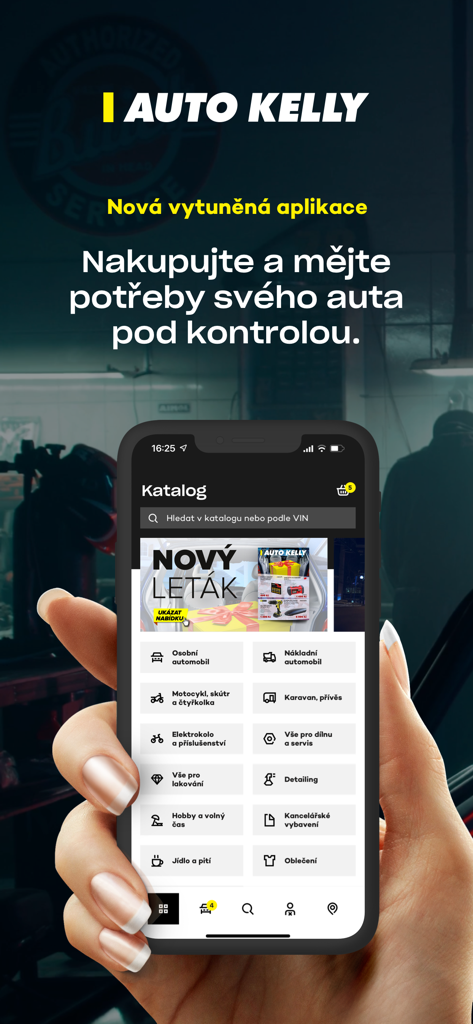 A smartphone showing the Auto Kelly app catalog with categories for cars, motorcycles, e-bikes, and workshop tools.