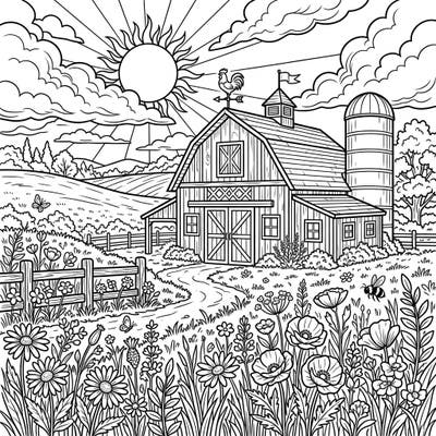 Step into a picturesque summer's day on the farm with this delightful barn coloring page. Explore a classic rustic barn surrounded by vibrant wildflowers, buzzing bees, and endless sunshine, ready for your creative touch.