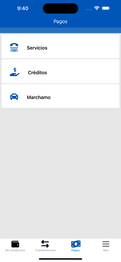 Menú de pagos de la app Mucap en línea mostrando opciones para servicios, créditos y marchamo