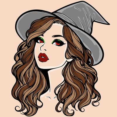 realistic witch girl with wavy hair and lips