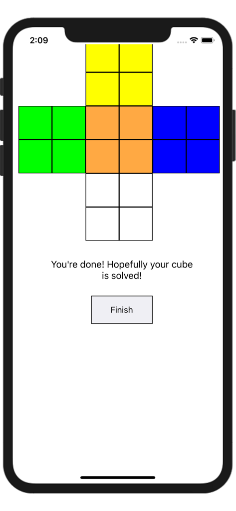 Tela final do aplicativo Resolvedor de Cubo de Bolso mostrando uma rede de cubo 2x2 e um botão de finalizar