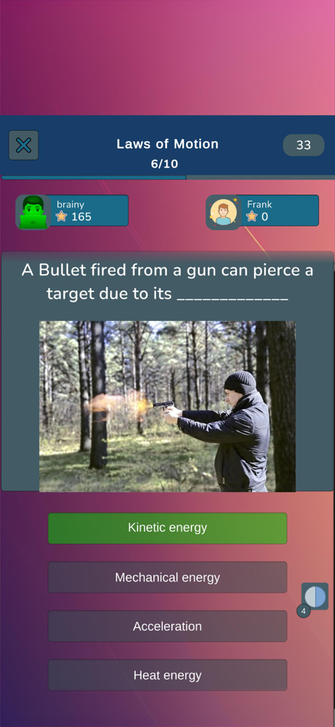 Physics Quiz - Trivia - Physics trivia game showing a multiplayer quiz on the laws of motion with a question about kinetic energy