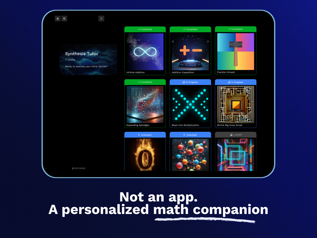 Synthesis Math Tutor - Panel de iPad de Synthesis Math Tutor que muestra unidades de aprendizaje personalizadas y seguimiento del progreso