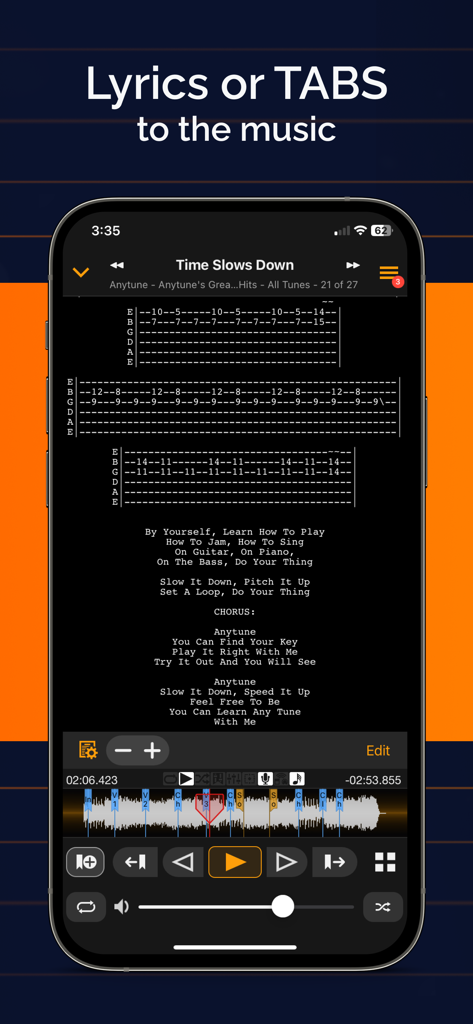 Anytune Pro+: Studio Tools  - Anytune Pro plus app interface displaying guitar tabs and song lyrics on an iPhone.