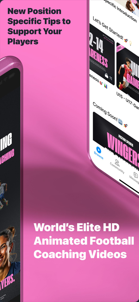 Touchtight Soccer Training app interface displaying elite animated football coaching videos and position specific tips