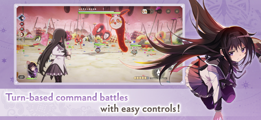 Madoka Magica Magia Exedra - Batalha de comando 3D por turnos em Madoka Magica Magia Exedra com a personagem Homura Akemi em um labirinto de bruxa