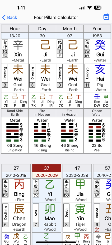 A detailed Four Pillars BaZi calculator screen showing Chinese astrology symbols and zodiac readings