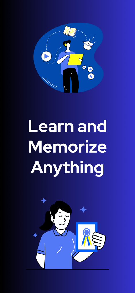 Recollio: AI Flash Cards Maker - Promotional screen for Recollio AI Flash Cards Maker featuring students with study tools and a certificate with the text Learn and Memorize Anything