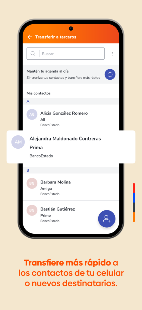 BancoEstado app interface showing a contact list for fast money transfers