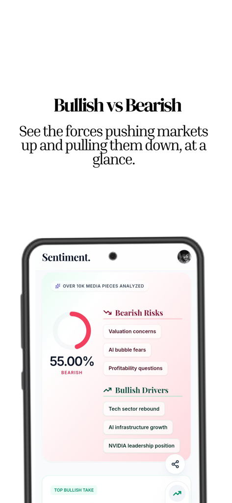 Sentiment app market analysis screen showing bullish and bearish drivers