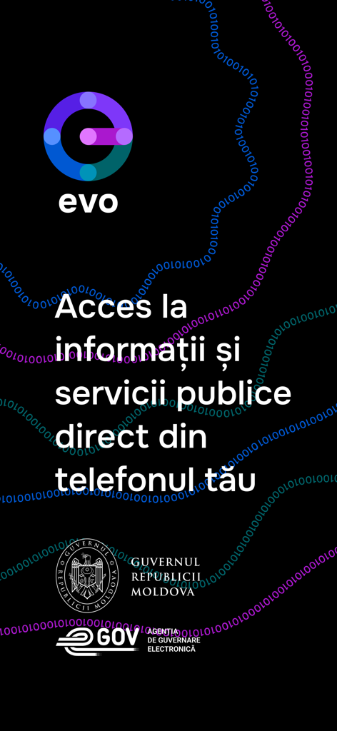 モルドバ電子政府庁のEVOアプリの紹介画面。ロゴと公共サービスへのモバイルアクセスに関するテキストが表示されています。