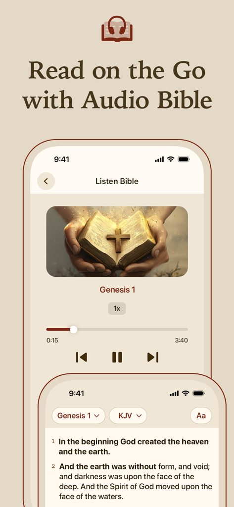 Faith Mentor - AI Bible Chat - Faith Mentor app interface showing the audio bible playback feature and scripture text