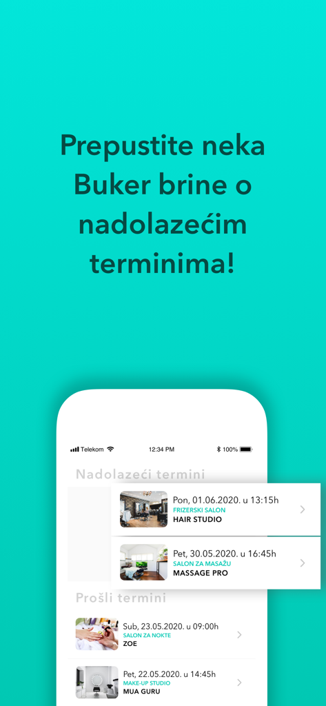 Buker - Pantalla de la aplicación Buker que muestra citas próximas y pasadas en salones de belleza