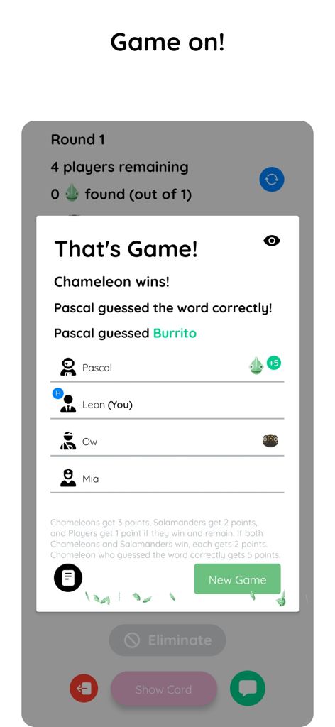Results screen showing the Chameleon winning the game with player scores